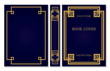 Sample design of cover and spine of the book. Gold frame on dark blue background. Border design for certificates and diploma. Art deco old framework.