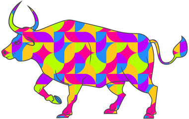 Ox decorated geometric mosaic. Symbol of the Chinese new year 2021. The bull stands on four legs in profile, isolated on a white background. Vector illustration