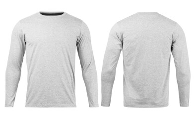Grey T shirt long sleeves mockup front and back used as design template, isolated on white...