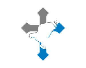 Fototapeta na wymiar Flying bird silhouette in the christian cross