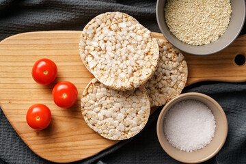 Crispy puffed rice cakes on table - top view on healthy vegetarian or vegan breakfast gluten free