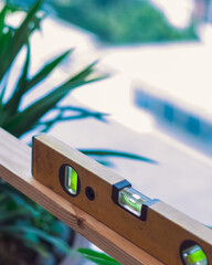 Water level on a wooden plank. DIY and constructions concept.