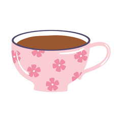 tea and coffee pink cup with cute flowers icon over white background