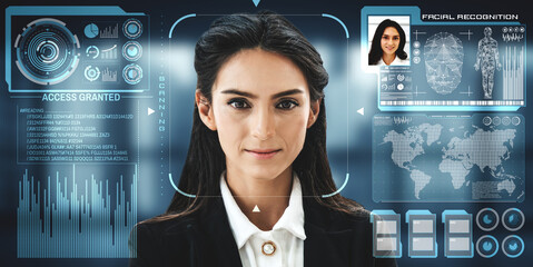 Facial recognition technology scan and detect people face for identification . Future concept interface showing digital biometric security system that analyze human face to verify personal data .