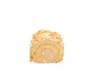The close up of delicious homemade almond cream roll cake bakery dessert food on wooden plank on white background.