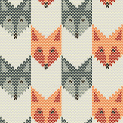 Abstract seamless retro pattern of fox and wolf in line. Knitting. The pattern imitates knitting. Vector illustration.