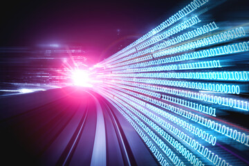 Digital data flow on road with motion blur to create vision of fast speed transfer . Concept of future digital transformation , disruptive innovation and agile business methodology .