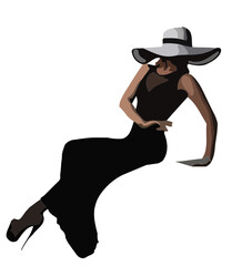 Stylish lady in a black dress and white hat