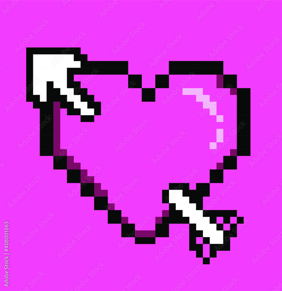 Poster pixel art heart with arrow. vector 8-bit retrowave and vaporwave style illustration.