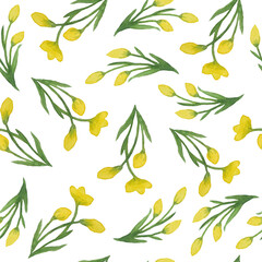 Seamless hand drawn watercolor pattern with yellow buttercup ranunculus, green wild herbs flowers leaves in wood woodland forest. Organic natural plants, floral botanical design for wallpapers textile
