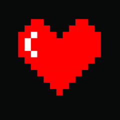 Pixel art heart icon isolated on black background. Vector 8-bit retrowave and vaporwave style illustration.