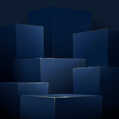 Abstract blue and gold geometric podiums, luxury concept background. Vector illustration