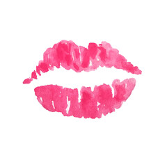 Watercolor pink lips. Lip and kiss print