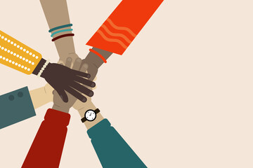 Vector illustration of international team building. Concept of multinational team. Business partners with stack of hands