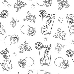 Seamless pattern glass of mojito, Black outline of the cocktail on a white background. Hand drawing. Vector illustration