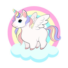 Cute baby unicorn on the cloud. Isolated vector illustration.