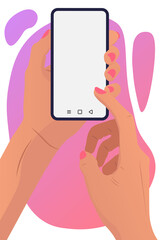 Woman holding smartphone with blank white screen. Vectors template for web design, online exchange, e-commerce, business, dating apps