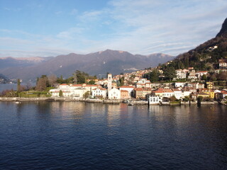 Fototapeta na wymiar Aerial drone shot of historic harbor of Como Lake, Italy