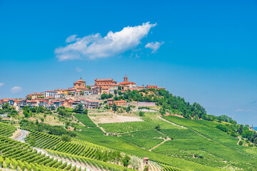 Panoramic view of La Morra in the Vineyard Landscape of Piedmont, Italy