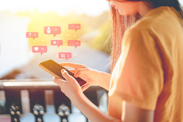Teen young girls use Smartphone to communicate, use the Internet to link Order online shopping, job...