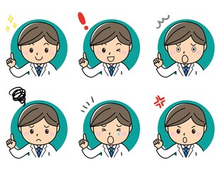 喜怒哀楽の表情・白衣の男性・指差しポーズセット　笑顔　怒る　困る　悩む　悲しい