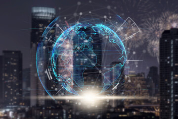 particle earth with technology network circle over the photo blurred of cityscape background, technology and innovation, futuristic and cloud computing, internet of thing and 3d rendering,concept