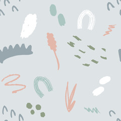 Abstract seamless pattern in trendy style with botanical and geometric elements, textures. Trendy bright colors. Vector illustration.