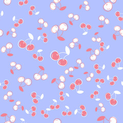 Seamless cute pattern with cherry on blue background