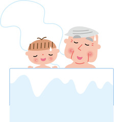 お風呂にのんびりつかるシニア男性と孫