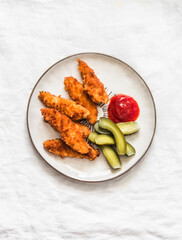 Chicken fingers, cornichons and ketchup - delicious tapas, appetizers, snack on the light background, top view