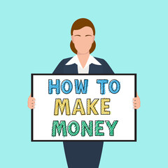Businesswoman with board how to make money, illustration vector cartoon