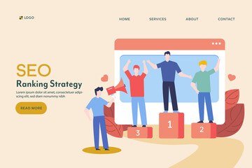 Joyful men celebrating top seo ranking success. Digital seo marketing concept. Flat design landing page banner.