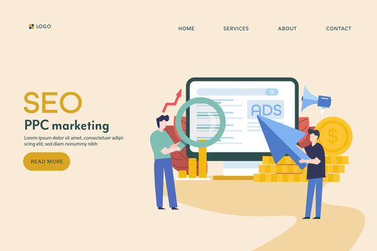 SEO And Ppc Marketing Concept. Marketing Team Working On Pay Per Click And Search Engine Optimization Campaign. Flat Design Modern Web Banner.