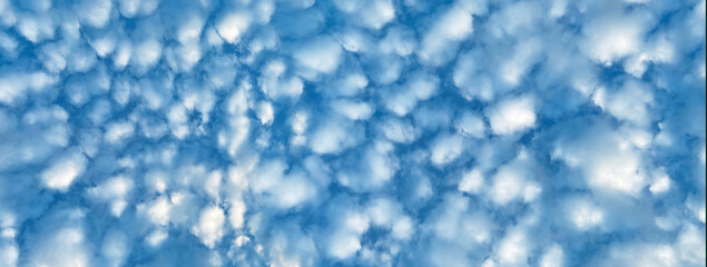 Strange Clouds look like Oil Painting Color in the Blue Sky on Sunny Day, Nature Scenery. Looking Up Shot. Long and Wide Screen