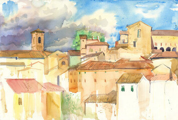 Fabriano. Old Italian city. Watercolor landscape painting. Medieval houses, walls. Sunny day. - obrazy, fototapety, plakaty