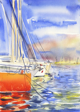 Watercolor seascape with orange yacht. 
Energy of the sun, sea and rest. Yacht club. Watercolor.