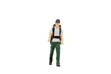 Fototapeta premium Miniature people traveller standing isolated on white background with clipping path