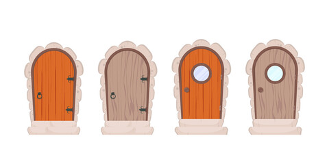Set of Antique Wooden Doors. Stone cladding and steps. Wood texture. Cartoon style. Isolated, vector