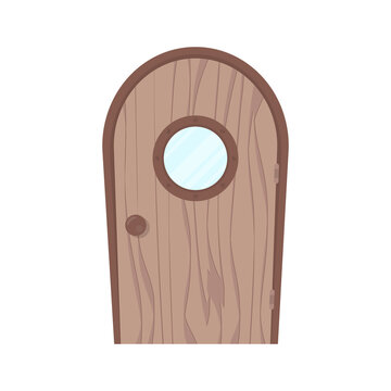 Antique Wooden Door With A Round Window. Wood Texture. Cartoon Style. Isolated, Vector Illustration.