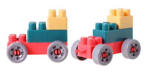 Small train from plastic blocks on white background