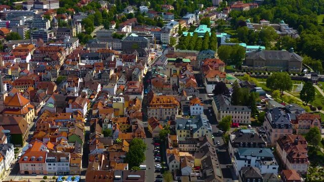 Aerial view of the old town of the city Bad Kissingen  in Germany on a sunny day in spring.
