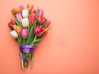 Colorful bouquet of tulips on white background.