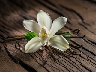 Dried vanilla sticks and vanilla orchid on wooden table.