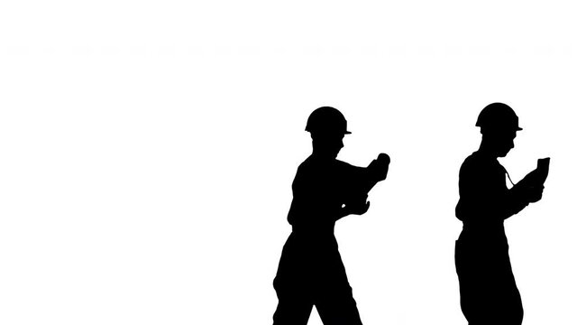Silhouette Three young construction workers in hardhats passing on documents while doing a silly walk in a row.
