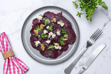 Homemade Beet Salad with Walnuts, Mozzarella and Parsley