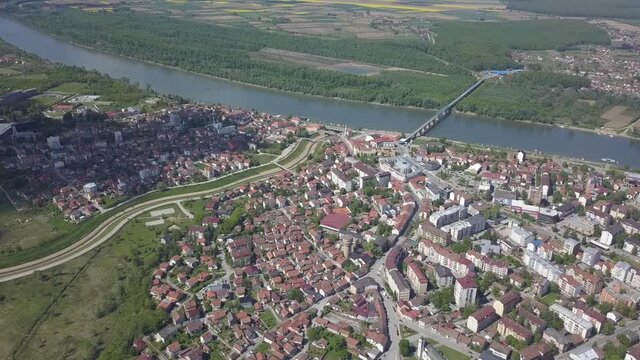 An aerial view of the buildings and the roads at the Brcko district, Bosnia and Herzegovina in HD