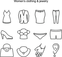 Women Clothing icons, jewelry icons, Women clothes illustration, jewelry illustration.