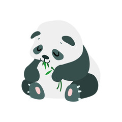 Little panda. Cute illustration of a funny baby panda eating bamboo isolated on a white background. Vector 10 EPS