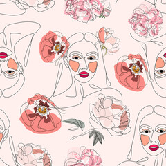 Seamless Pattern with Woman Faces One Line Art Portrait with Flowers. Female Facial Expression. Hand Drawn Linear Woman in Hat Silhouette Background. Vector illustration