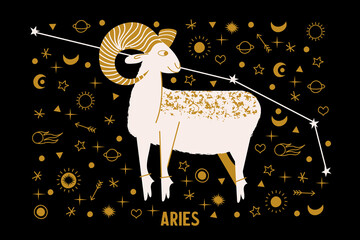 Aries zodiac sign. Horoscope and astrology. Vector illustration in a flat style. - 408015282